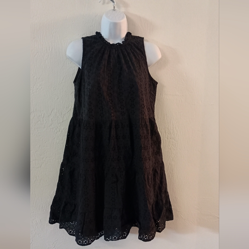 LOFT Black Eyelet Tiered Sleeveless Dress